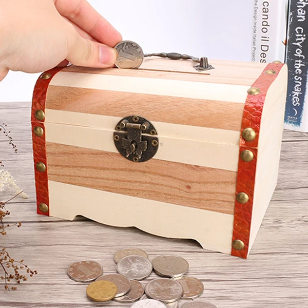 Vintage Jewelry Pearl Necklace Bracelet Wooden Treasure Chest Case Cute Piggy Bank Can Be Locked Storage Box Christmas Gift | Дом и сад
