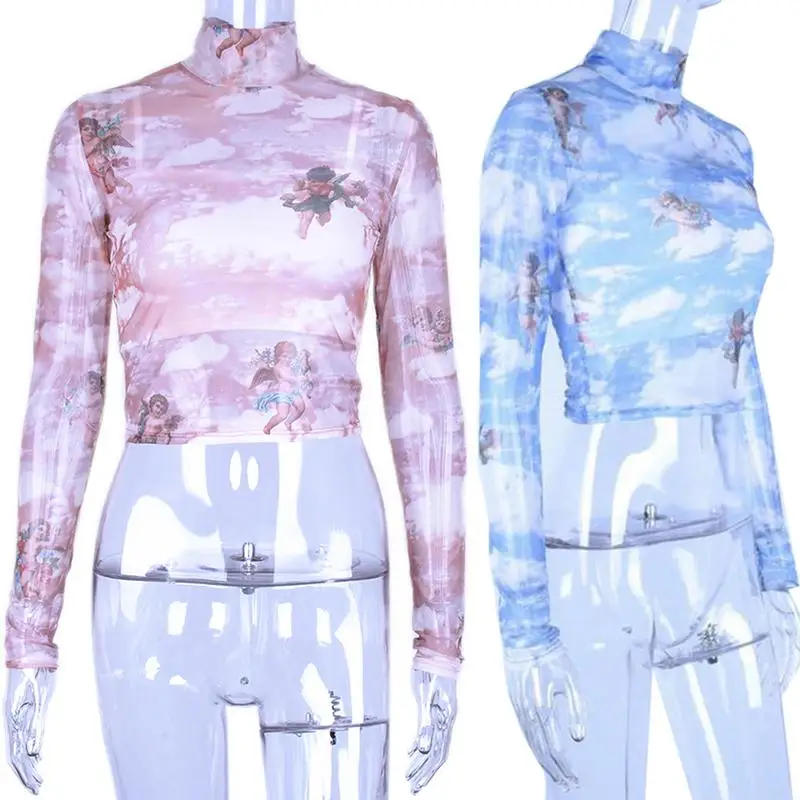 Женский кружевной прозрачный короткий топ с высоким воротником и длинным