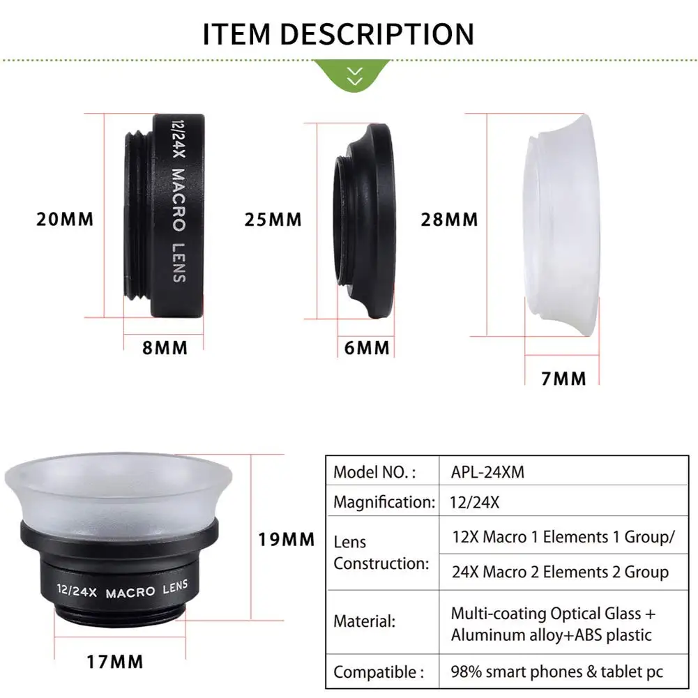 Apexel Elastic clip 2 in 1 Cell Phone Camera Lens Kit 12X/24X Macro Lenses For iPhone Samsung Huawei LG Xiaomi Sony Nok | Мобильные
