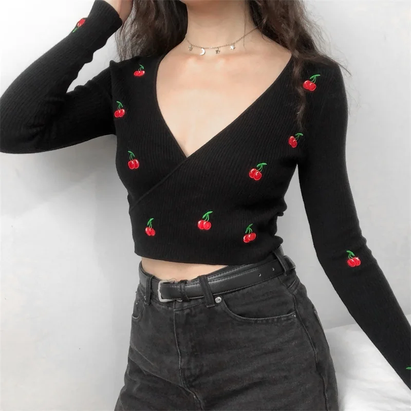 Vintage Cherry Embroidery Short Knitted Sweater Sexy Crossing V Neck Long Sleeve Women Pullovers Autumn Winter | Женская одежда