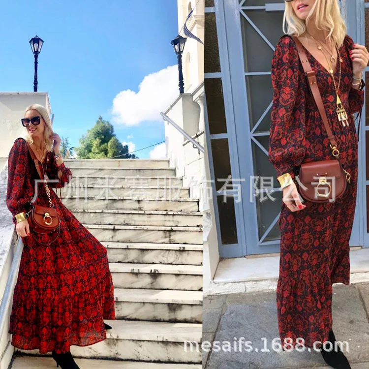 Fashion Long Sleeve Bohemian Maxi Dresses for Women Print Office Lady Summer Beach V Neck Vestidos | Женская одежда