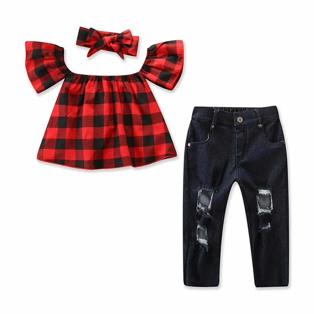2-7Y Kid Girls Clothing Set Plaid Ruffles T Shirt + Denim Pants Costuems Fashion 2pcs/set | Детская одежда и обувь