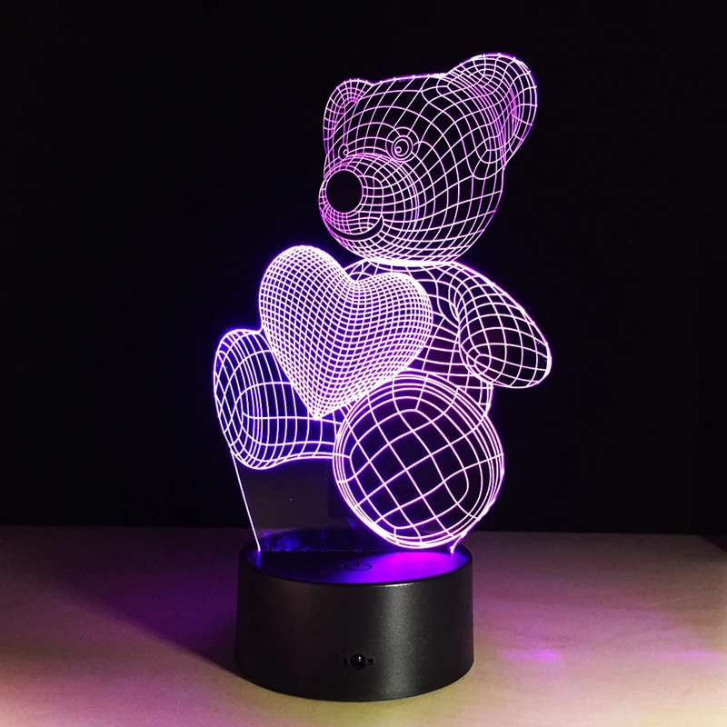 Cartoon Cute Heart Bear Hold Shape Acrylic LED Lamp 3D Night Light For baby children Sleeping Lighting | Лампы и освещение