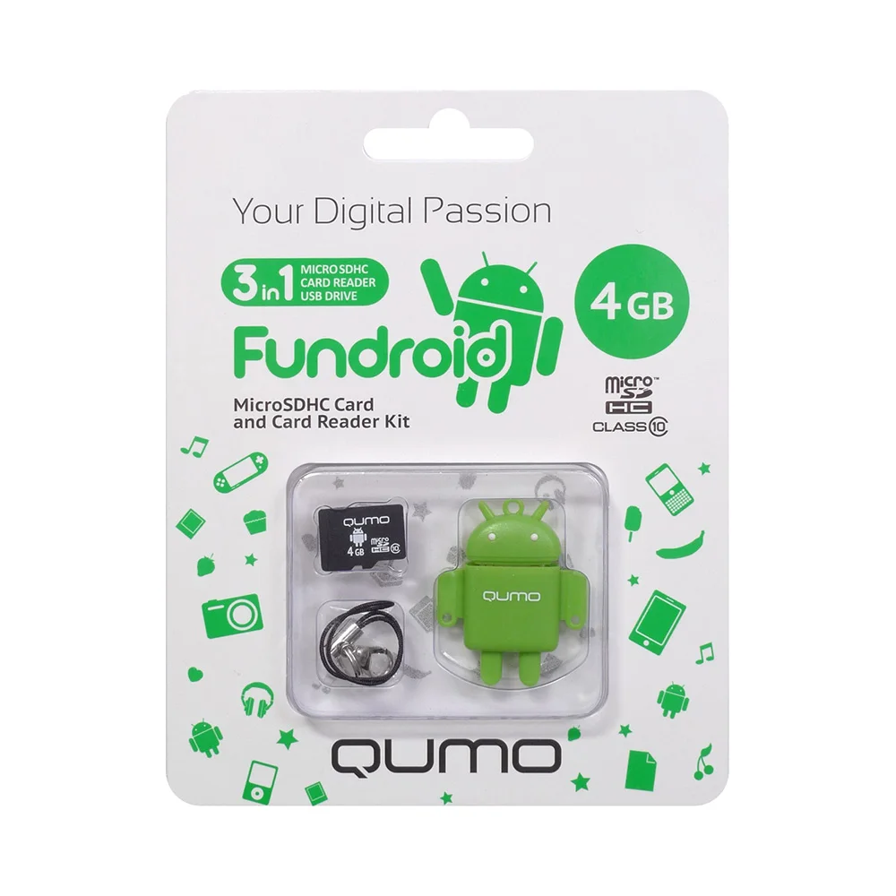Комплект QUMO QM4GCR-MSD10-FD-GRN microSDHC 4GB + USB картридер | Компьютеры и офис