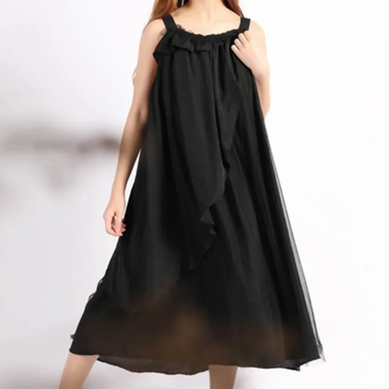 CHICEVER Spring Casual Patchwork Mesh Irregular Ruffles Dress For Women O Neck Spaghetti Strap Loose Oversize A-line Dresses New | Женская