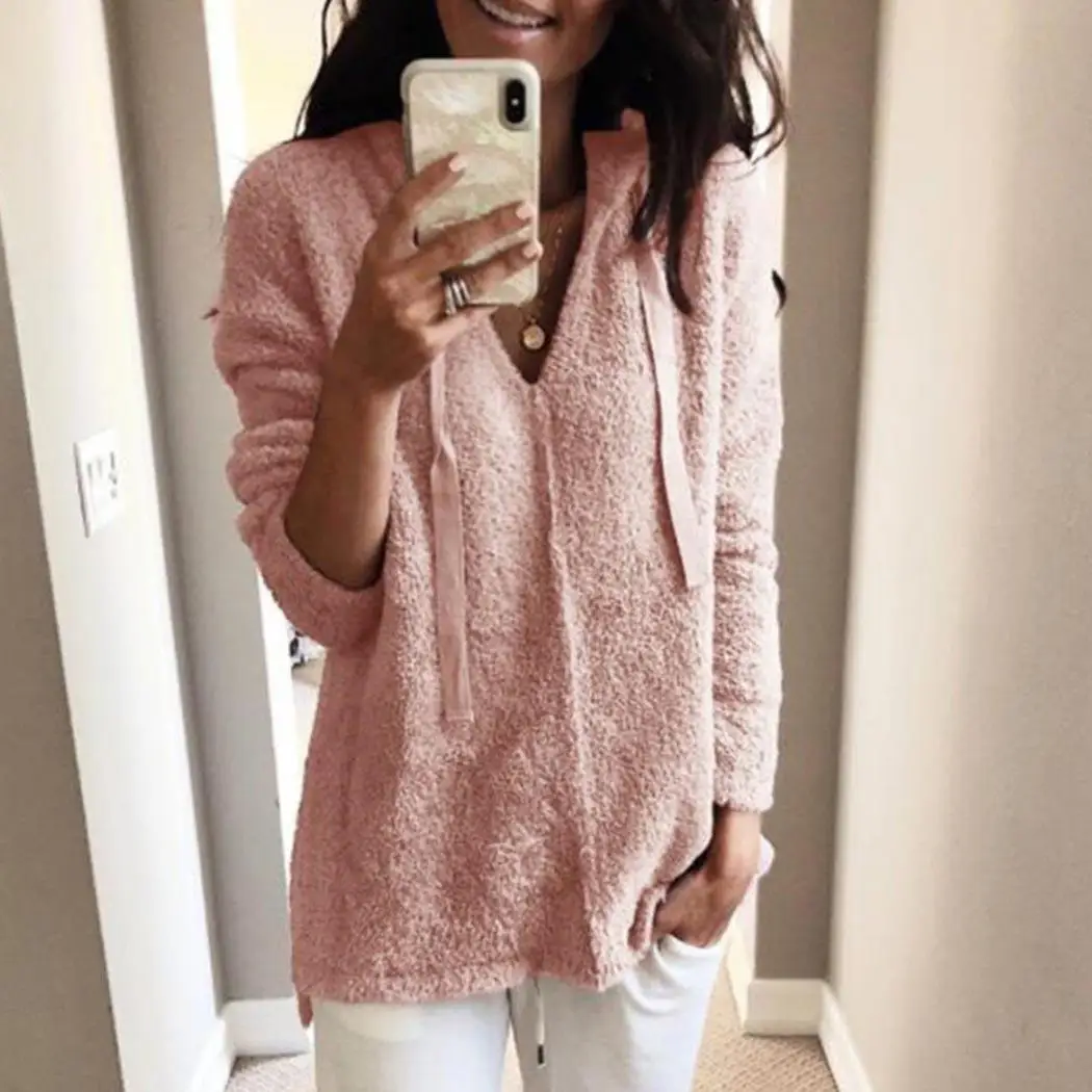 Женские повседневные однотонные топы с капюшоном и v-образным вырезом длинными