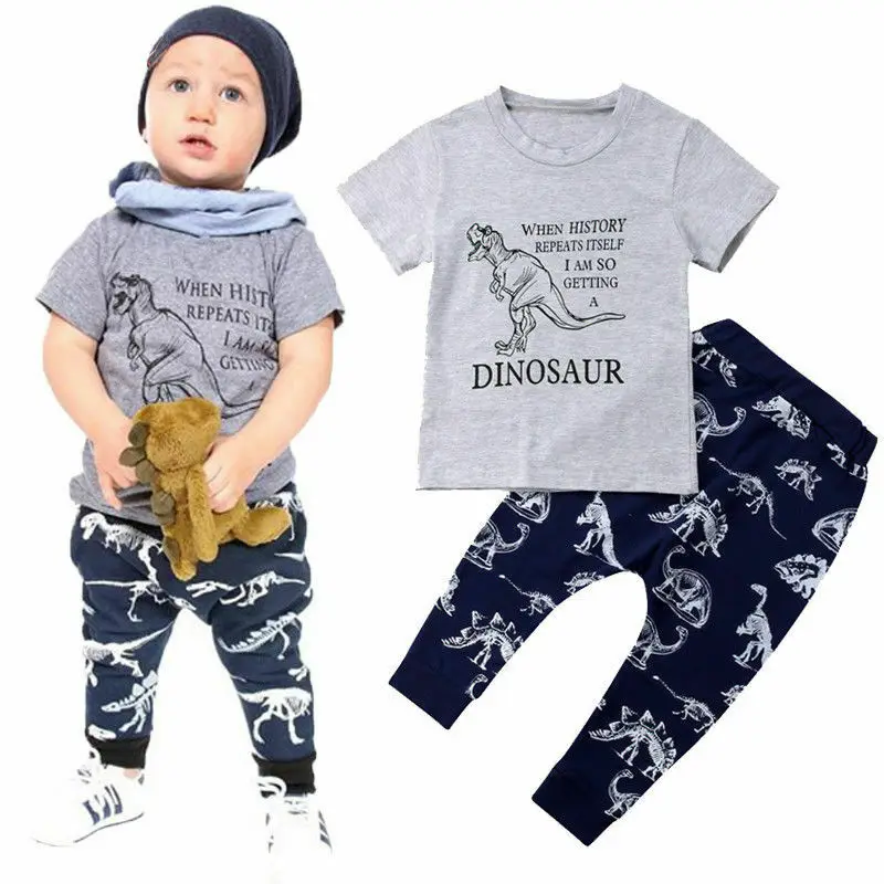 Dinosaur Kids Baby Boys Short Sleeve Cotton T-shirt Tops Long Pant Trouser 2PCS Outfits Casual Summer Clothes Set | Детская одежда и