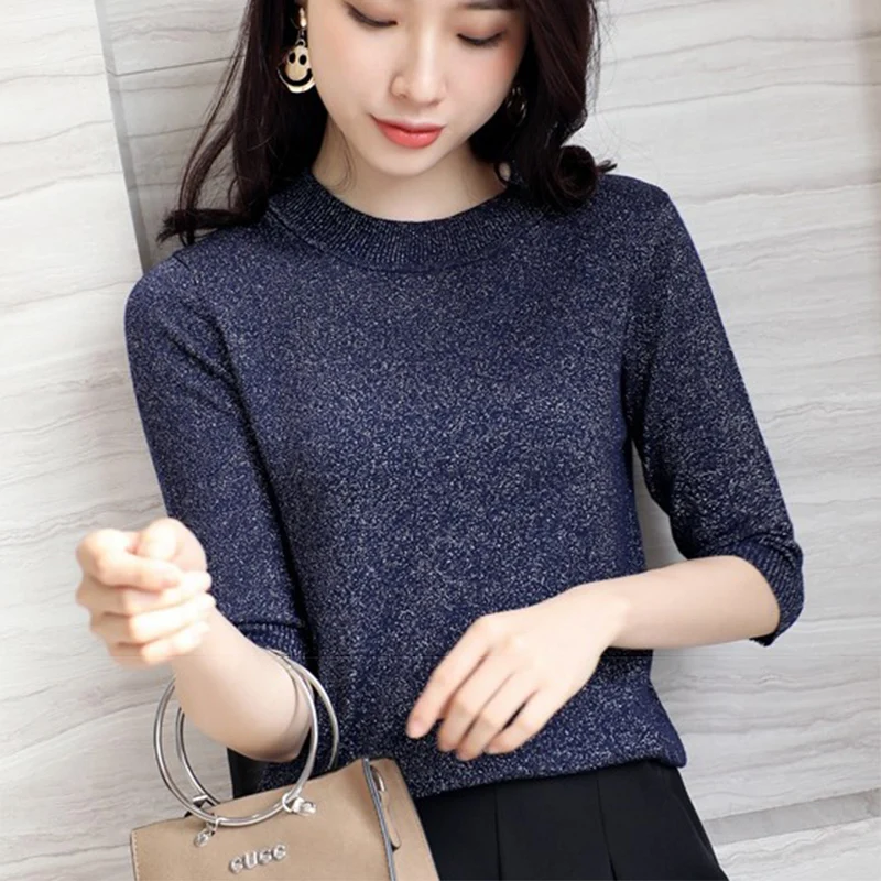 Spring Autumn Shiny Lurex Knit Sweater Women Cropped Short Sleeve Fashion Sweaters And Pullovers O-Neck Ladies Top | Женская одежда