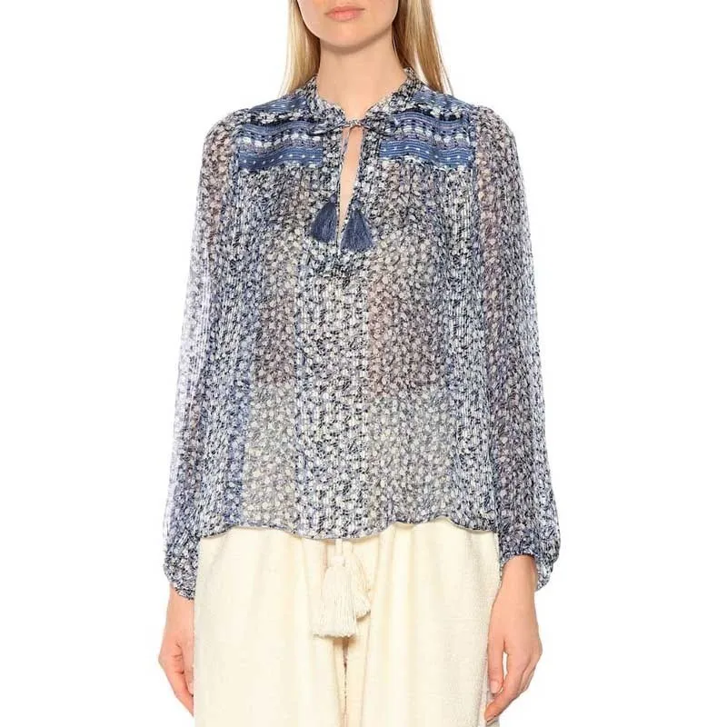 GALCAUR Summer Print Chiffon Blouse For Women O Neck Long Sleeve Tassel Bandages Loose Shirt Female Fashion 2020 Elegant | Женская