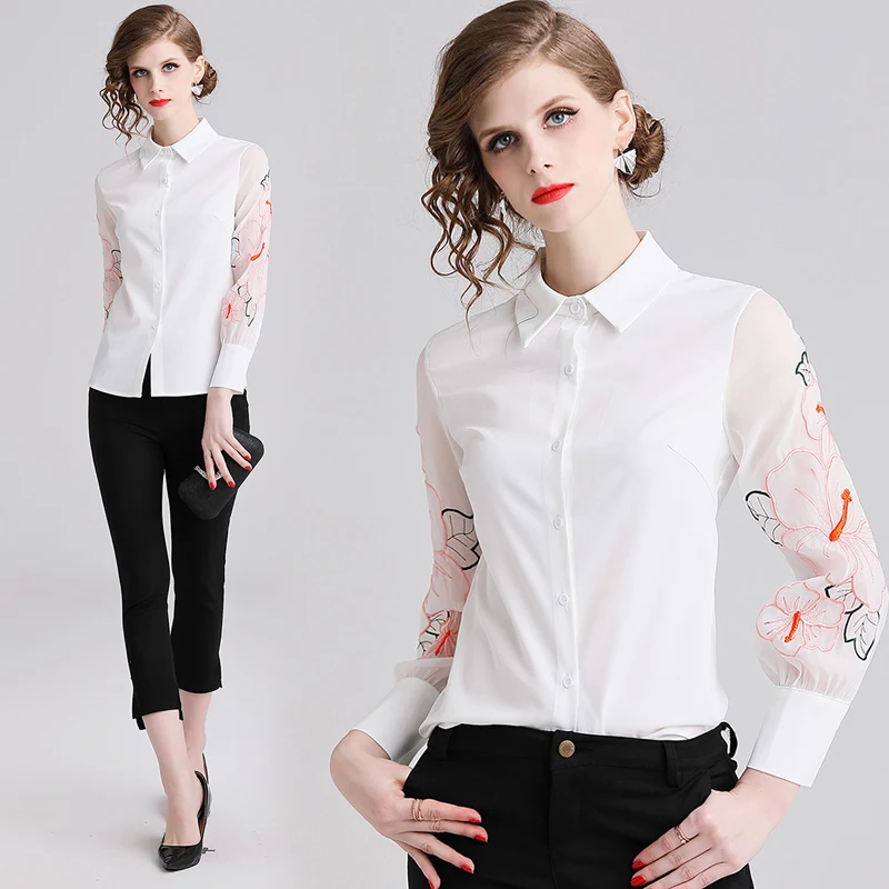 2019 новые модные женские рубашки фонарь с длинным рукавом вышитая блузка рубашка