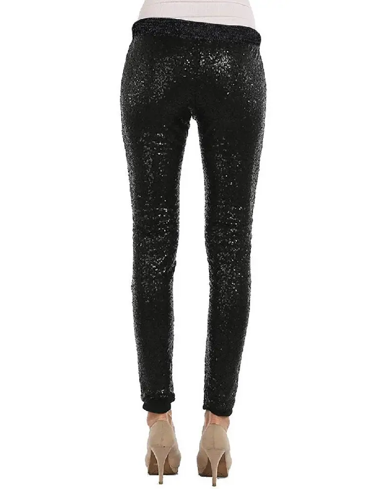 mrwonder Women Leggings Solid Black Color Shiny Sequin Stretch Skinny Legging Pant | Женская одежда