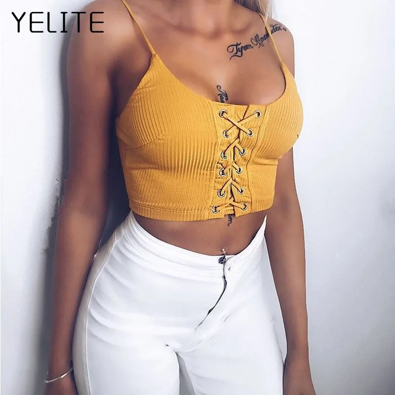 YELITE сексуальный тонкий топ на бретелях укороченная женская блузка высокое