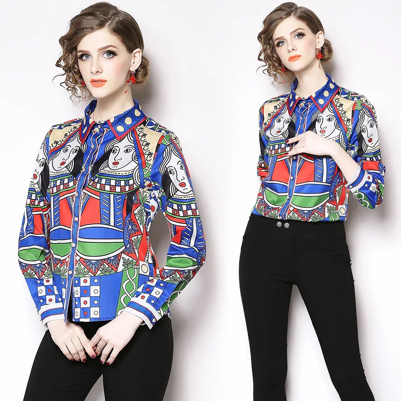 

European Women Blouse Autumn Design Runway Printed Quality Luxury Long Sleeves Fashion Shirt Tops