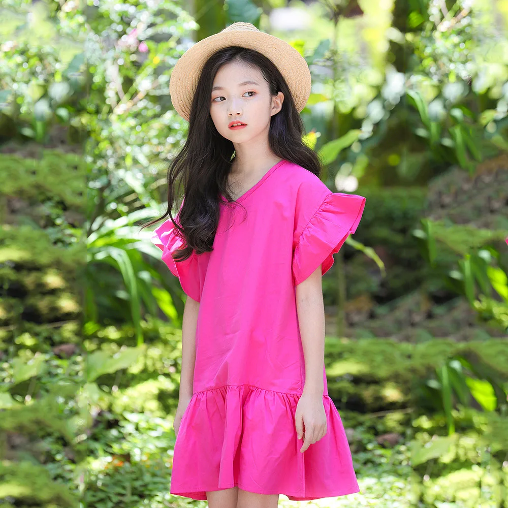 2019 new summer short sleeve knit dress simple casual school style age for 4-14 yrs teenage girl loose cotton ruffle frock | Детская