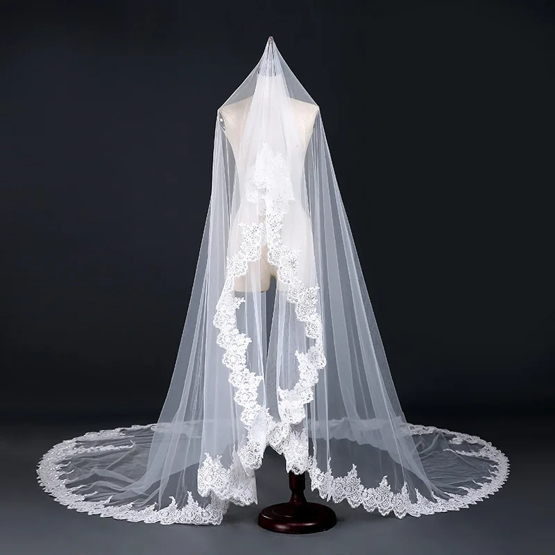 Айвори Лейс аппликация кромка вуаль невесты длинная кафедральная однослойная вуаль аксессуары свадебная мода корейские невесты ручной работы.