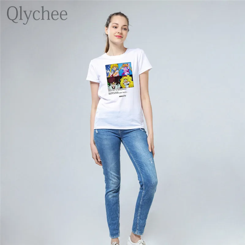 Qlychee японский аниме мультфильм Сейлор Мун печать женские футболки белый