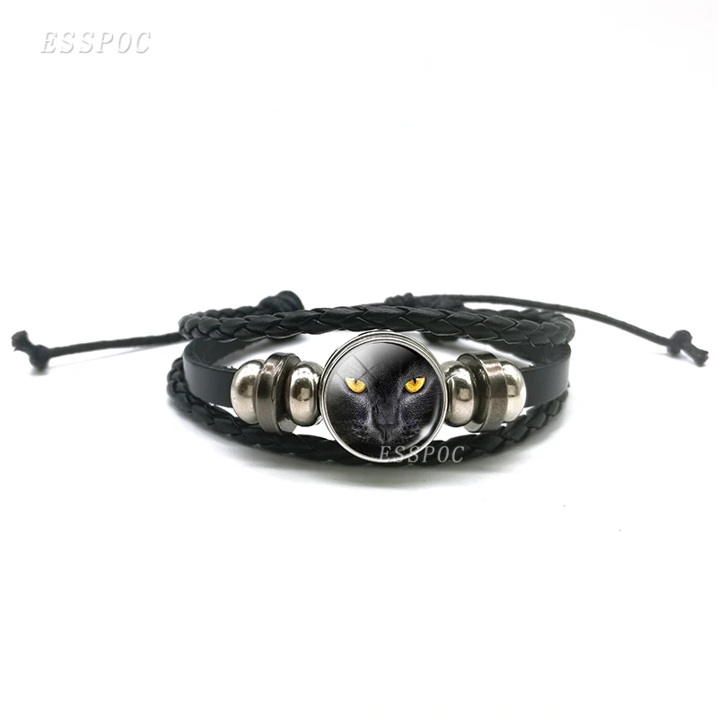 Кожаный браслет для пар Black Raven and Wolf многослойный черный со стеклянным купольным