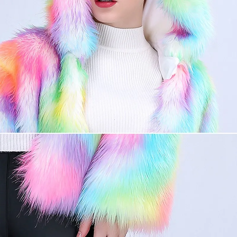 NEW 2018 Autumn Winter Woman Fashion Rainbow Color Faux FOX Fur Jacket Parka With Hood Warm Imitation Fur Coats Female Ls229