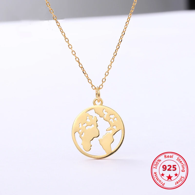 

Korea New Style 925 Sterling Silver Necklace for Women Simple Fashion Chic Gold World Map Pendant Necklace Jewelry