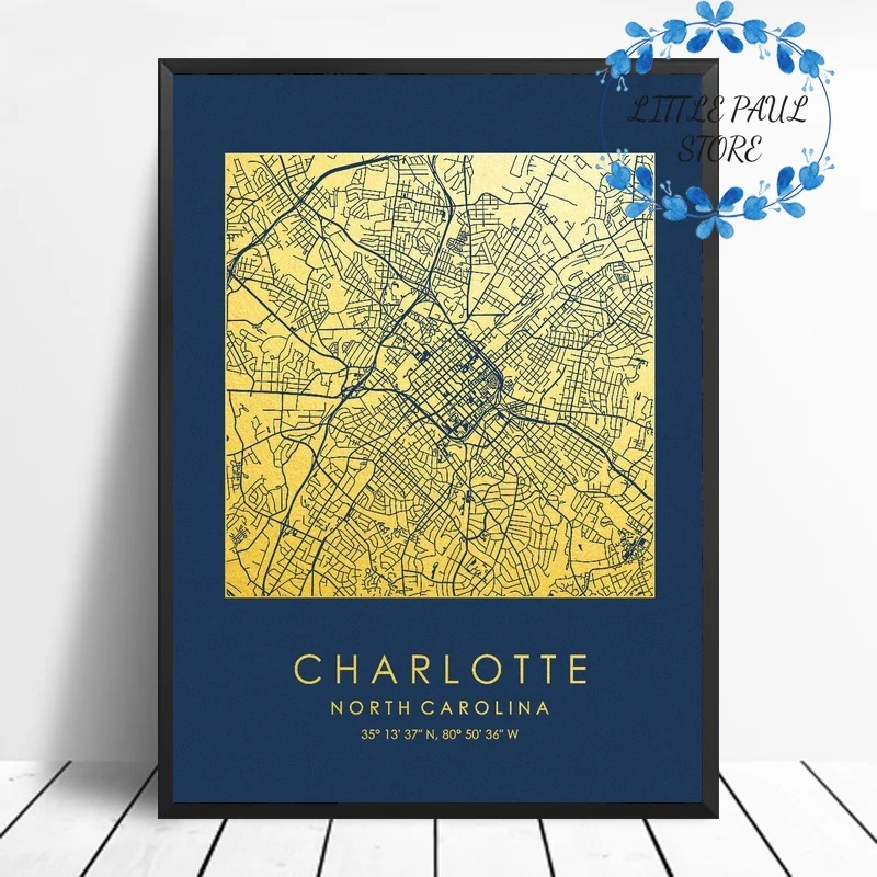 Карта города Шарлотта США Современная Акварельная холщовая Художественная