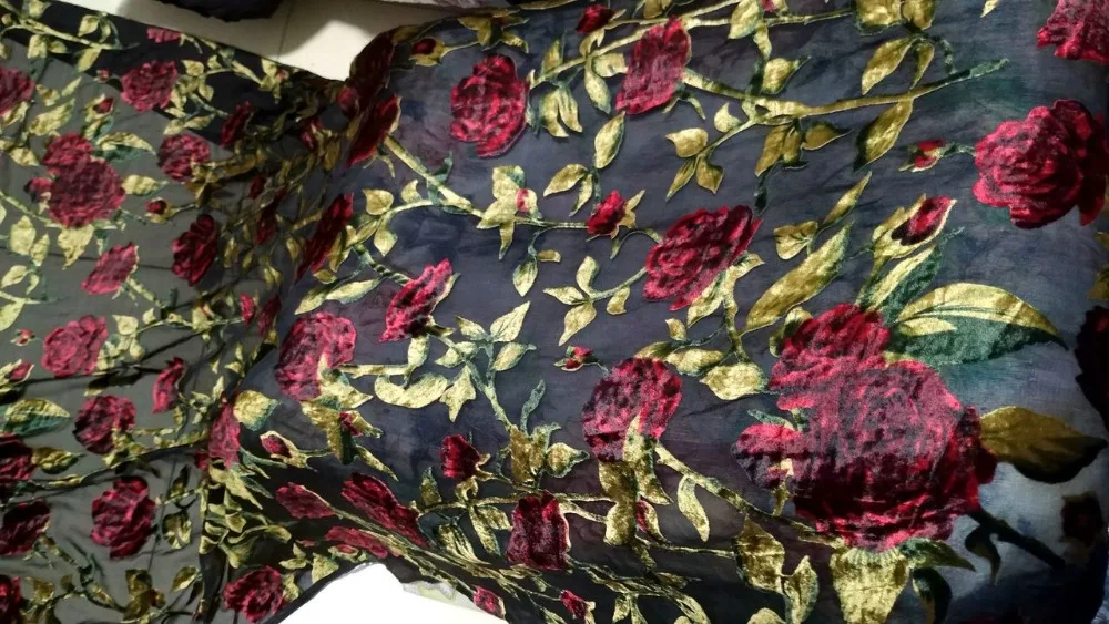 

Crazy discount luxury lace Red rose flowers Flocking burnout velvet fabric silk velvet Cotton fabric for dress tissus au metre