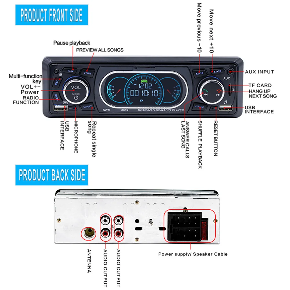 Автомобильный MP3-плеер SWM 8809 с Bluetooth стереопроигрыватель FM-радио AUX TF-картой