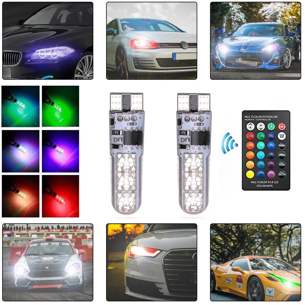 2 шт. T10 W5W светодиодные лампочки RGB 5050 6SMD пульт дистанционного управления Flash/Строб