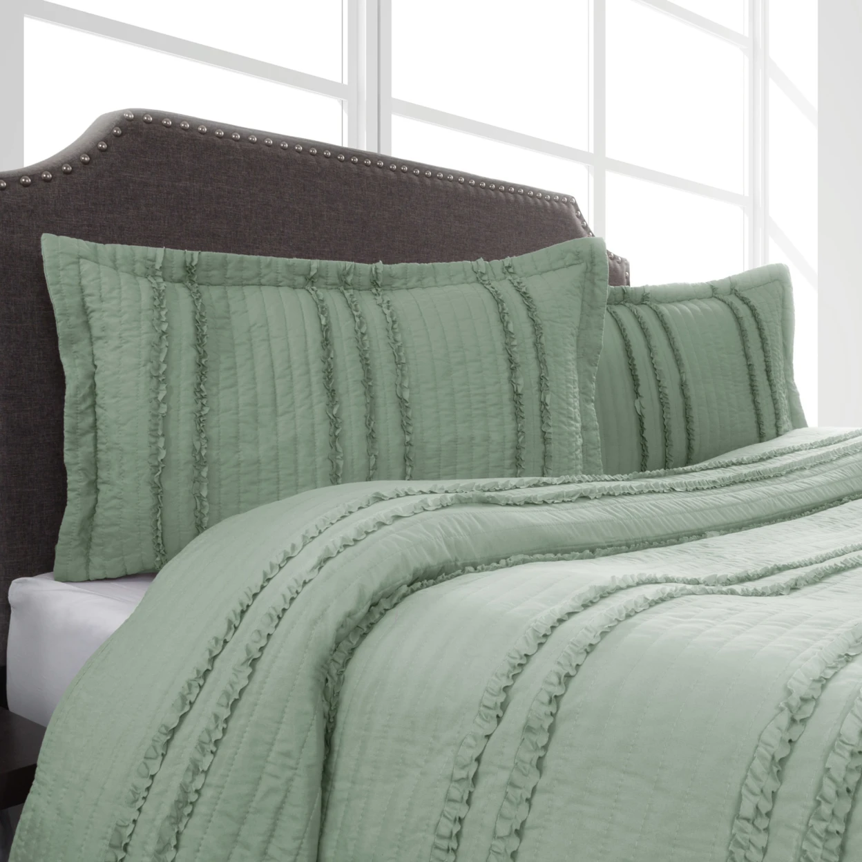 Мятная Королева 3 шт. набор стеганый покрывало элегантный полосатый рюшами