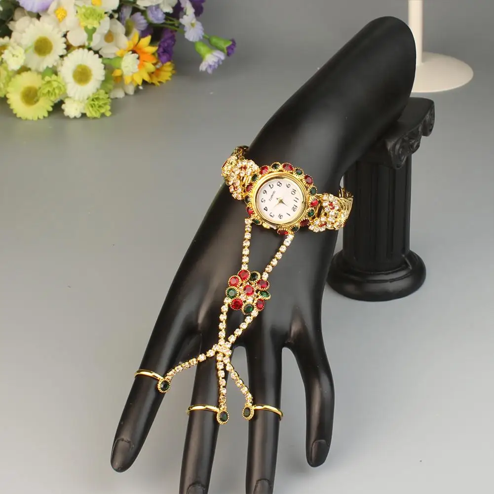 

XIUFEN Women Bangles Luxury All-match Rhinestone Style Decoration Bracelet Wristwatch with 3 Rings