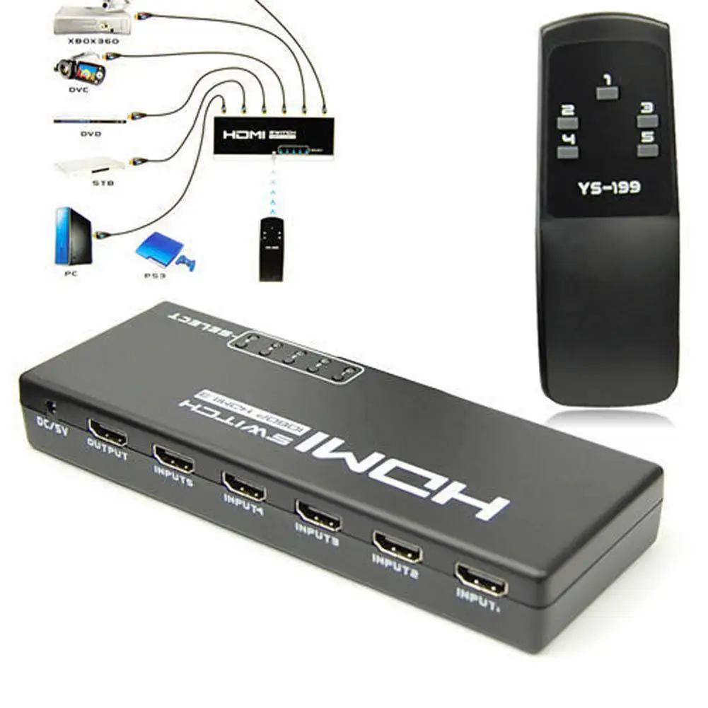 HDMI Switcher 5 Port 1080P Video Switch Splitter IR Remote For HDTV PS3 DVD 5-group Input 1-group Output |