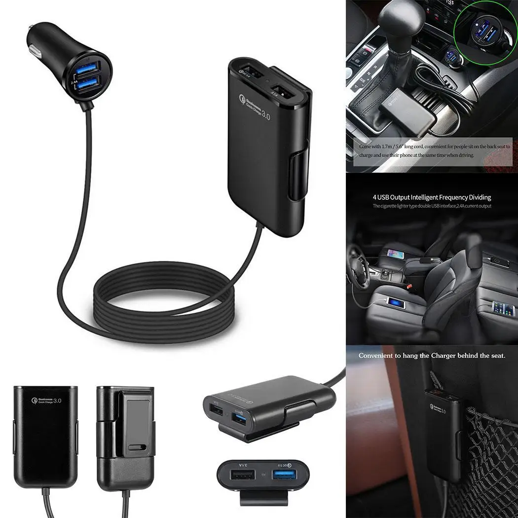 4 порта USB Автомобильное зарядное устройство с кабелем заднего сиденья Быстрая