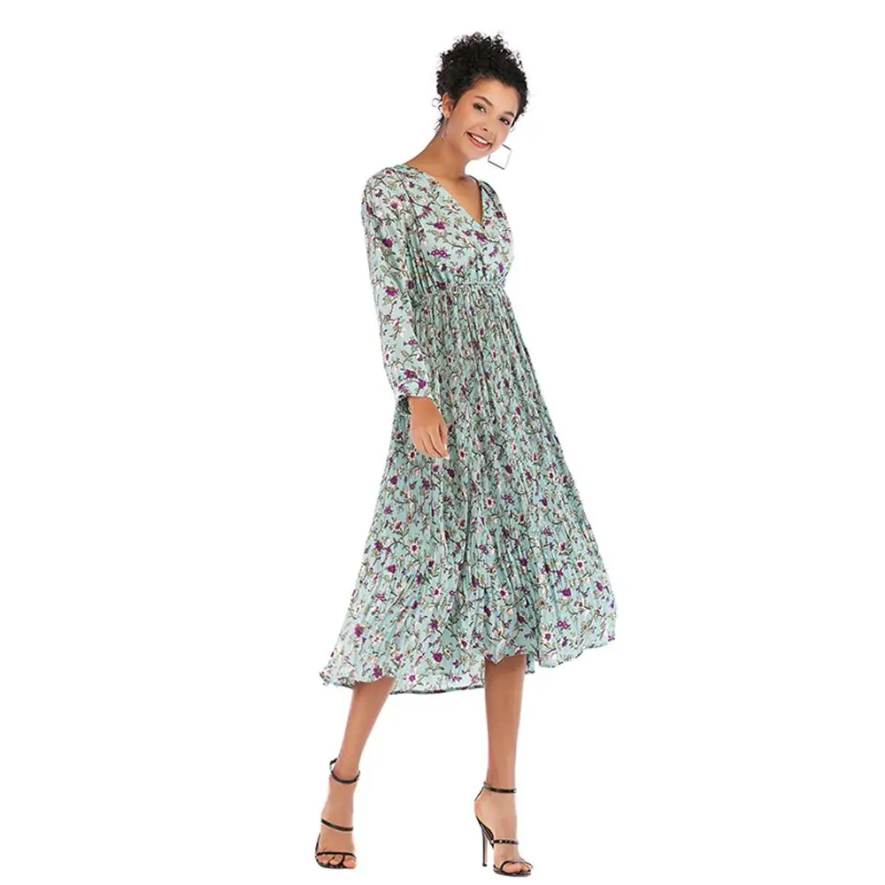 Women Bohemian Long Bud Dress V-neck Women's Printed small floral pleated chiffon dress waist long-sleeved bottom female | Женская
