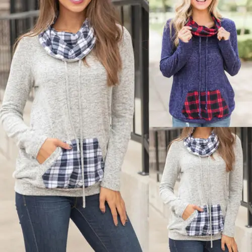 Женская толстовка в клетку с карманом на осень-зиму пуловер капюшоном топы стиле