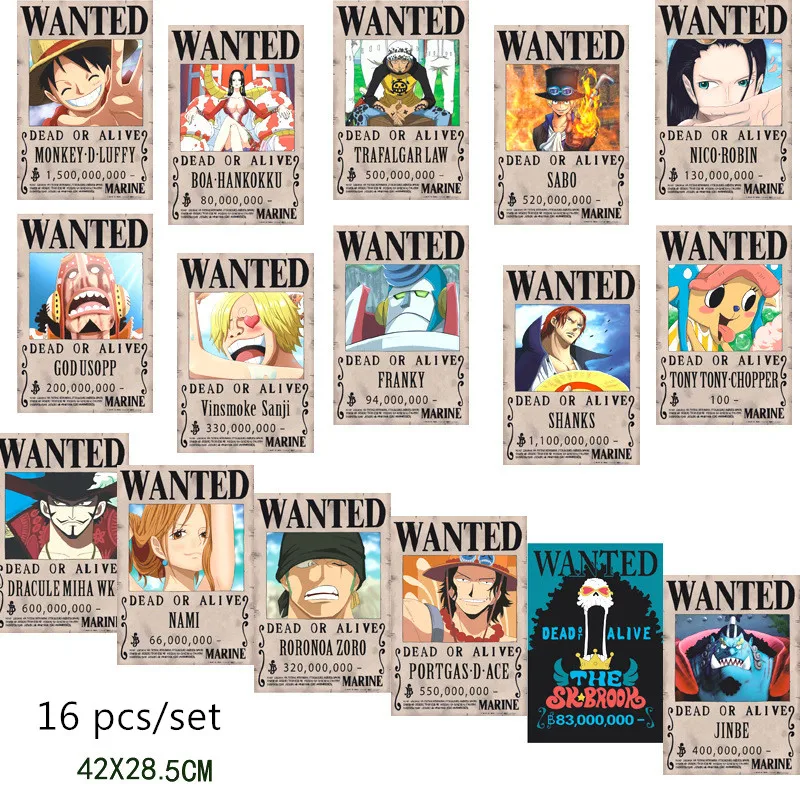 

16 pcs/set OP Poster Anime Pirate Figure WANTED Luffy Law Sabo Robin Sanji Chopper Nami 1.5 billion 42x28cm A3 Stickers toy