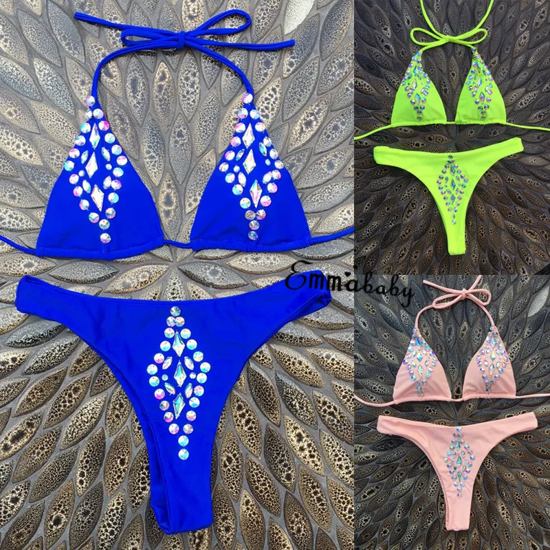 

Hirigin 2019 Sexy Diamonds BikiniSet Women Swimwear New Halter Bandage Biquini Swimsuit Thong Swimsuit Women Bathing Suit Swim