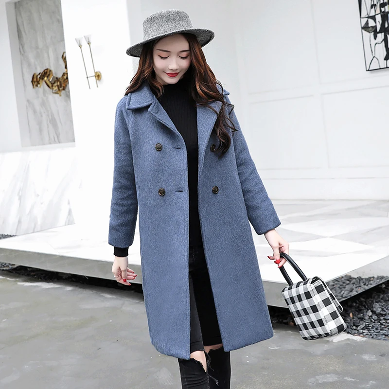Женское длинное зимнее шерстяное пальто с отложным воротником и карманами |