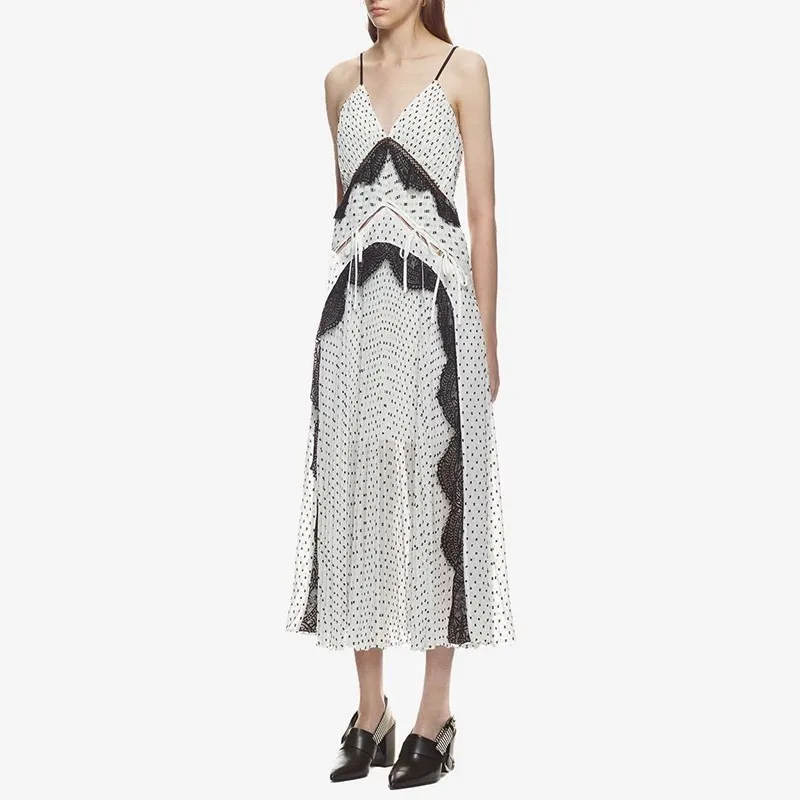 CHICEVER Винтаж Лето горошек для женщин платье Спагетти ремень Высокая талия кружево