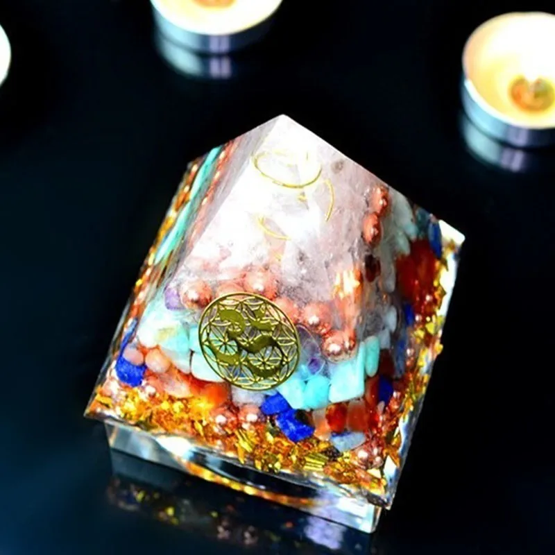 AURA REIKI Orgonite Pyramid Aura Crystal Sahasrara Chakra Zadkiel Amazonite Lapis Improve Memory Resin Decorative Craft Jewelry