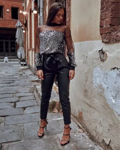 Женская блузка с длинным рукавом Вечерние круглым вырезом и блестками|Блузки| |