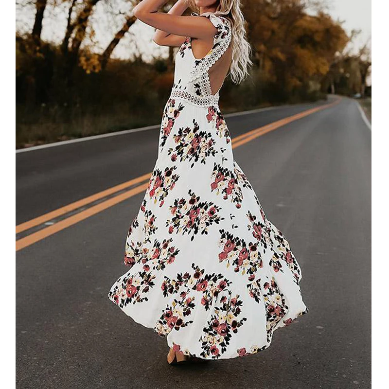 Женское платье до щиколотки Boho кружевное длиной с треугольным вырезом и