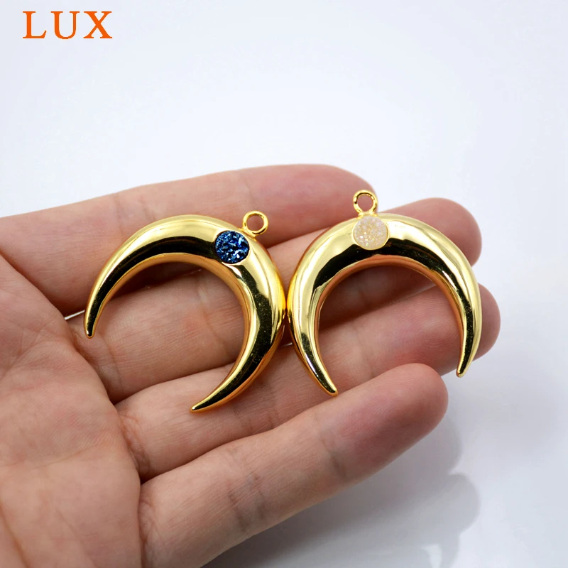 

Double horn druzy pendant gold bezel drusy charms crescent moon gem stone jewelry for girls boho design