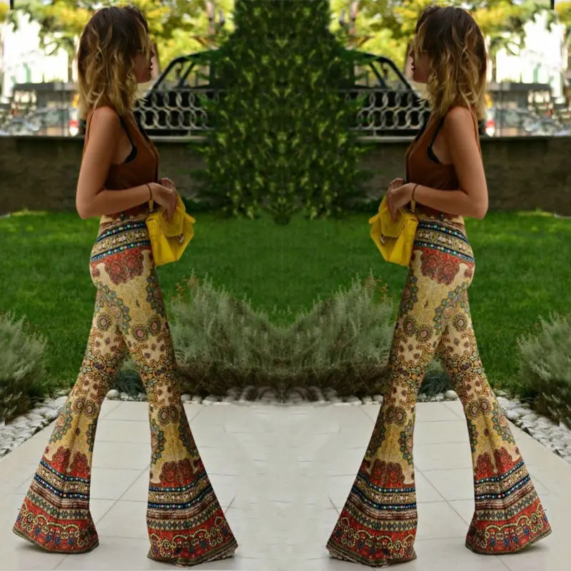 Брюки Бохо с высокой талией модные женские брюки цветочным принтом Размер SMLXL