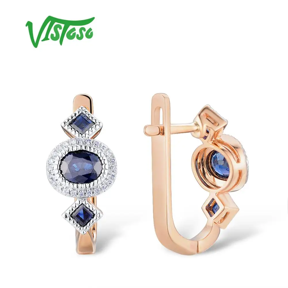 VISTOSO золотые серьги для женщин 14K 585 розовое золото сверкающий синий сапфир