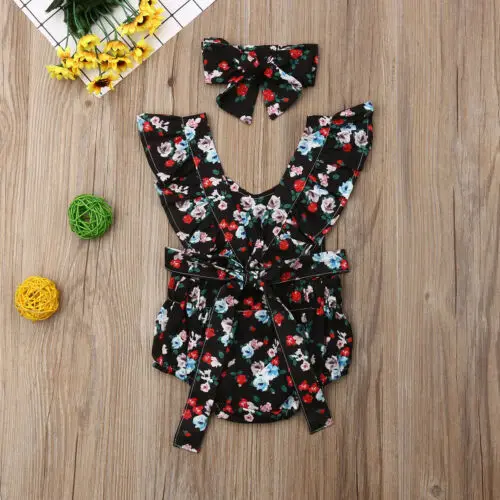 2019 Canis Summer Toddler Baby Girl Flower Bodysuit Headband Outfit Clothes Casual Sunsuit |