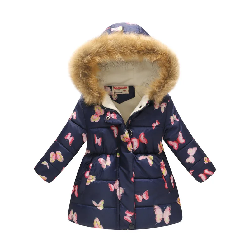 Autumn Winter New Children's Clothing Girls Printed Children Long Fur Collar Hooded Cotton-Padded Coats | Детская одежда и