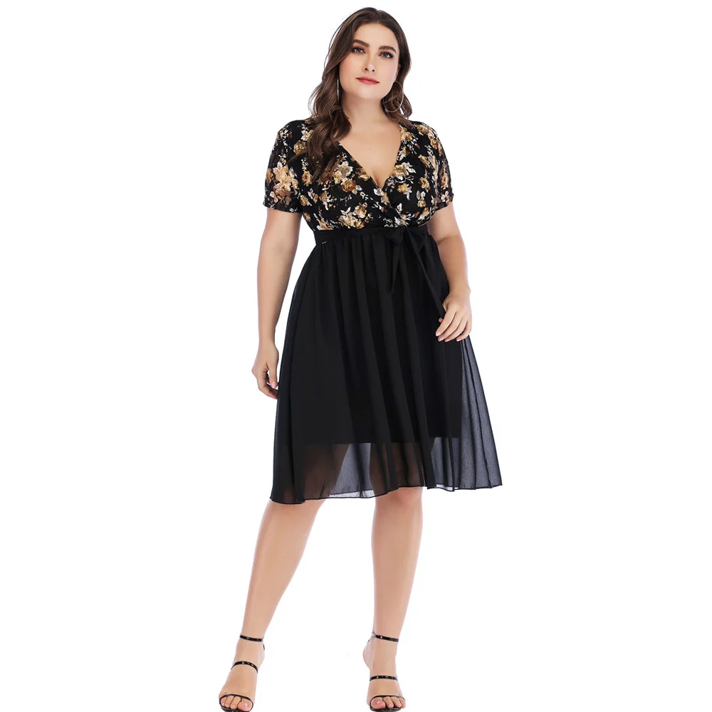 Wipalo Women Plus Size 5XL Floral Print Lace Stitching Chiffon Dress Plunging Neck Short Sleeve A Line Summer Party Vestidos | Женская