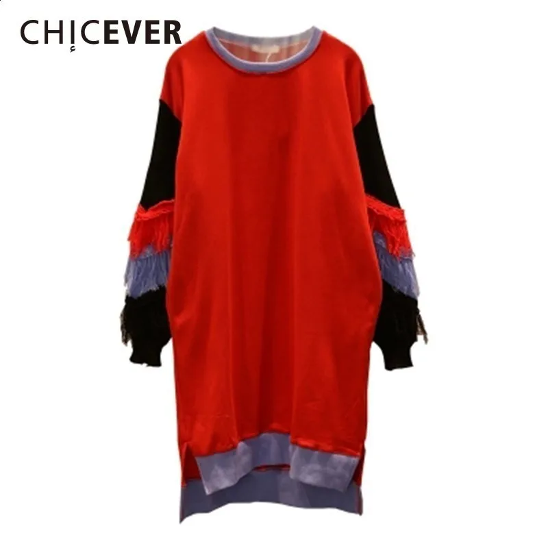 CHICEVER Hirt цветное платье для женщин с круглым вырезом и кисточками длинным рукавом