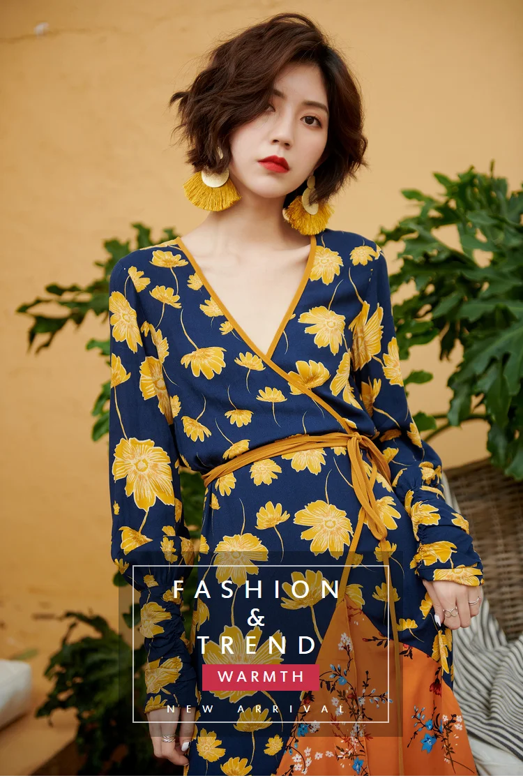 Floral with Straps V Neck Bohemian Beach Dress Sexy Long Sleeve Maxi Women Dresses Ruffles Asymmetrical Vestidos Verano 2019 | Женская