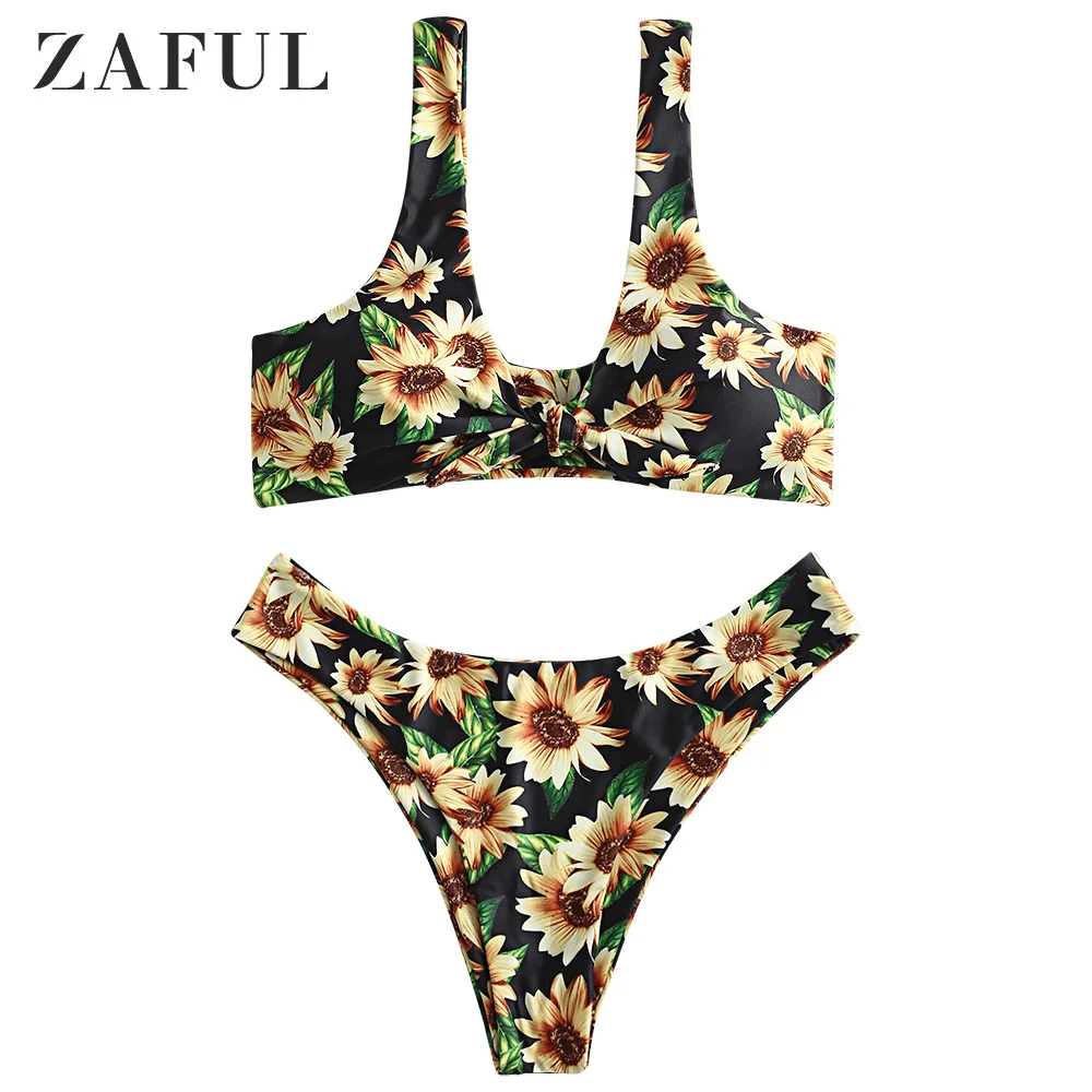 Женский купальник на бретельках ZAFUL бикини с принтом подсолнуха бантиком и