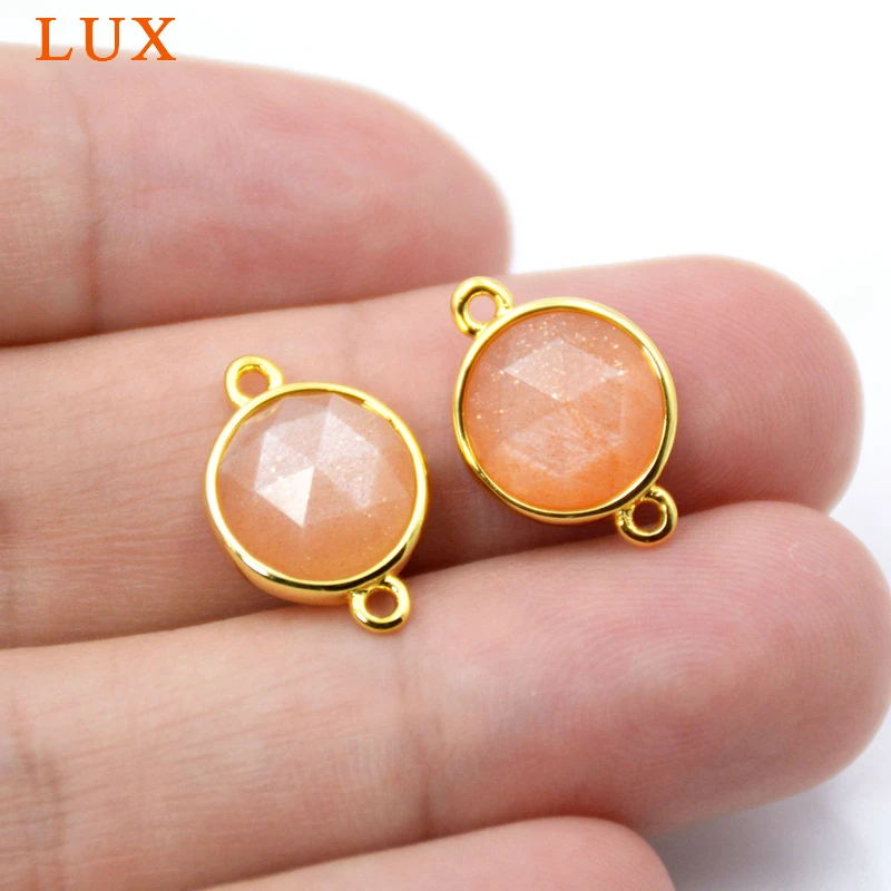 

Natural sun stone connector Faceted round Gem stone charms cute tiny jewelry gold bezel setting findings double bail pendant